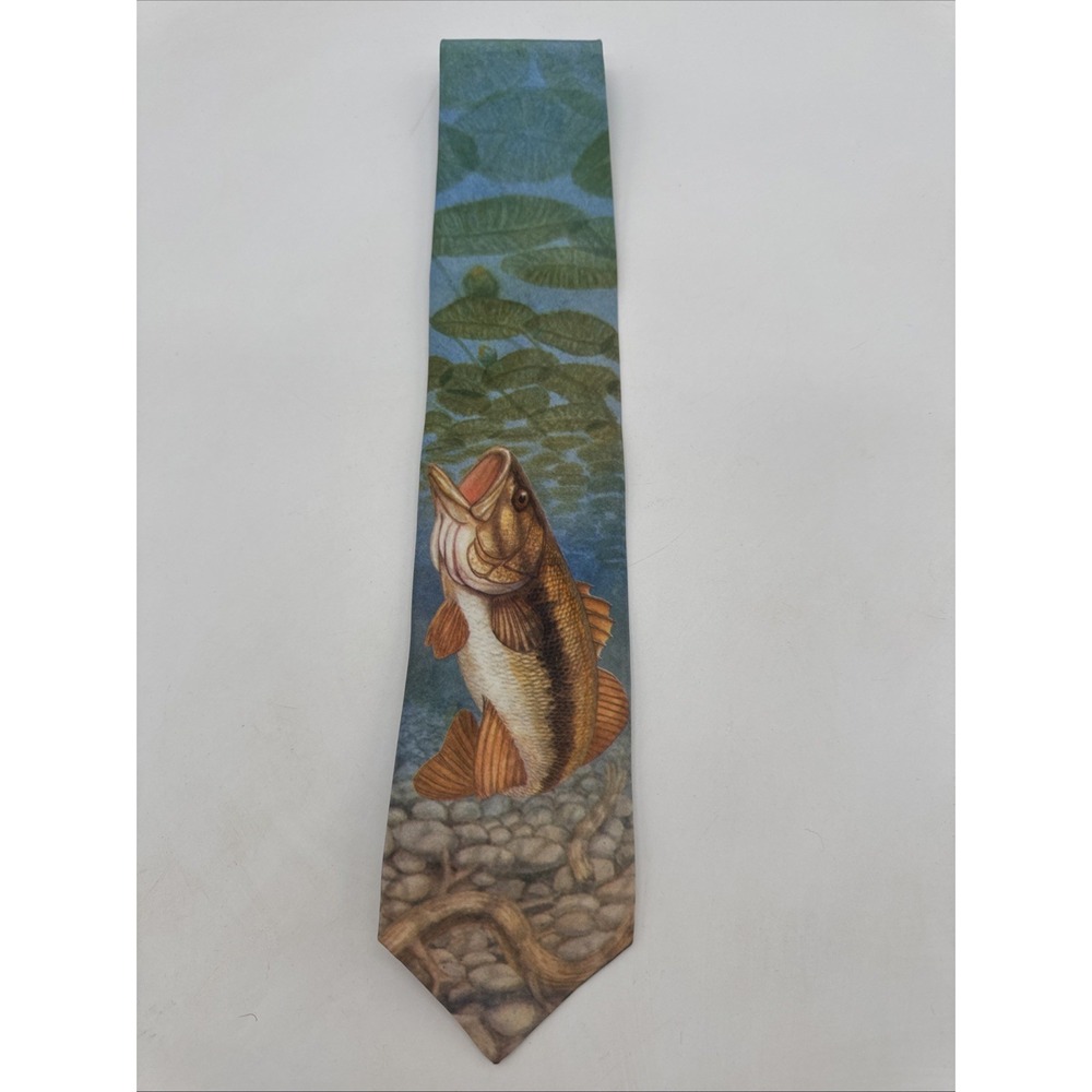 Vintage 1992 Salamander Brand Fish Necktie Blue/Green/Gold 100% Polyester